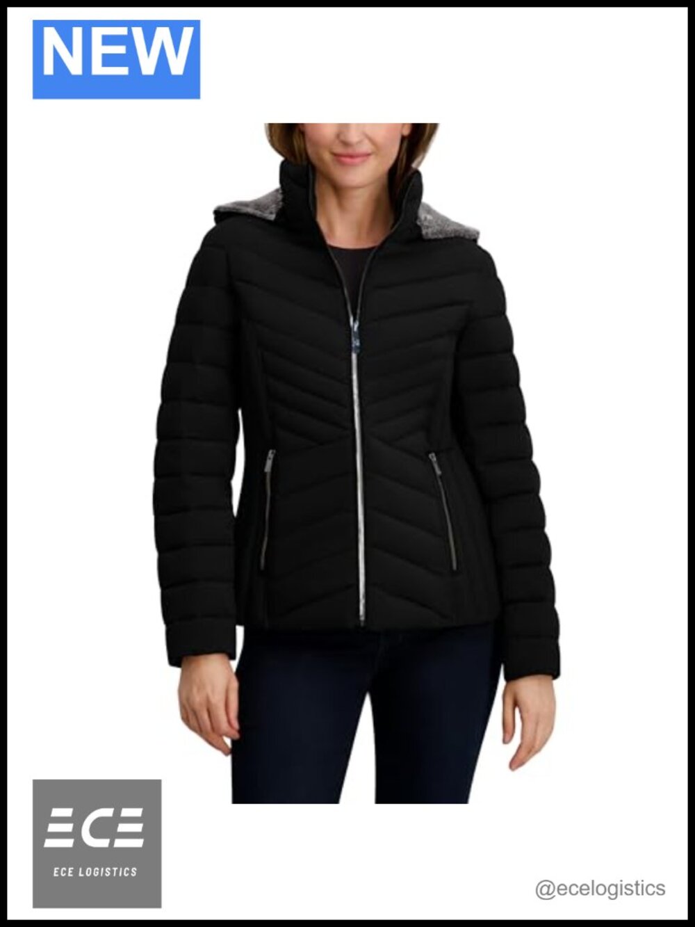 Midweight Stretch Puffer Jacket with Faux Fur Hood Water-Resistant Coat